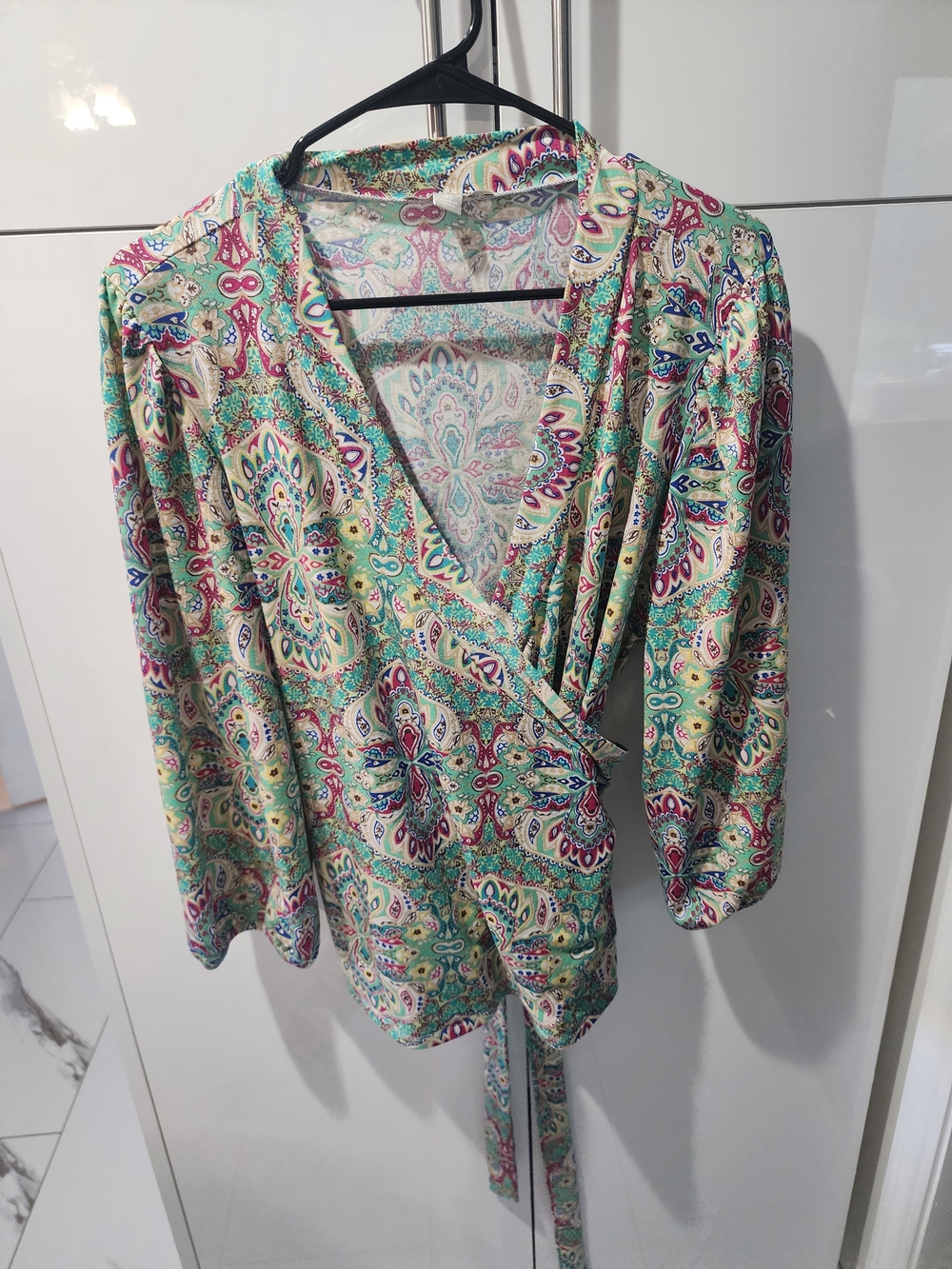 Sunny Leigh Mint Paisley Wrap Blouse with Pink & Blue Accents